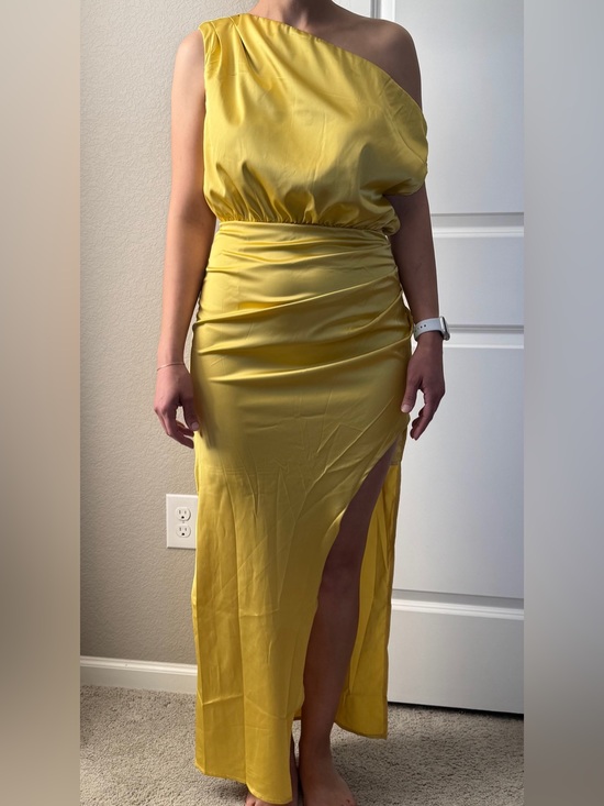 Dresses & Skirts - Hello Molly Elite Girl Yellow Gold Satin One Shoulder Maxi Dress Size 6 NWT
